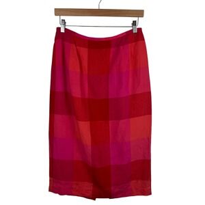 VTG Talbots‎ Womens 100% Linen Midi Skirt Sz 10 Pink Plaid Preppy Modest Teacher